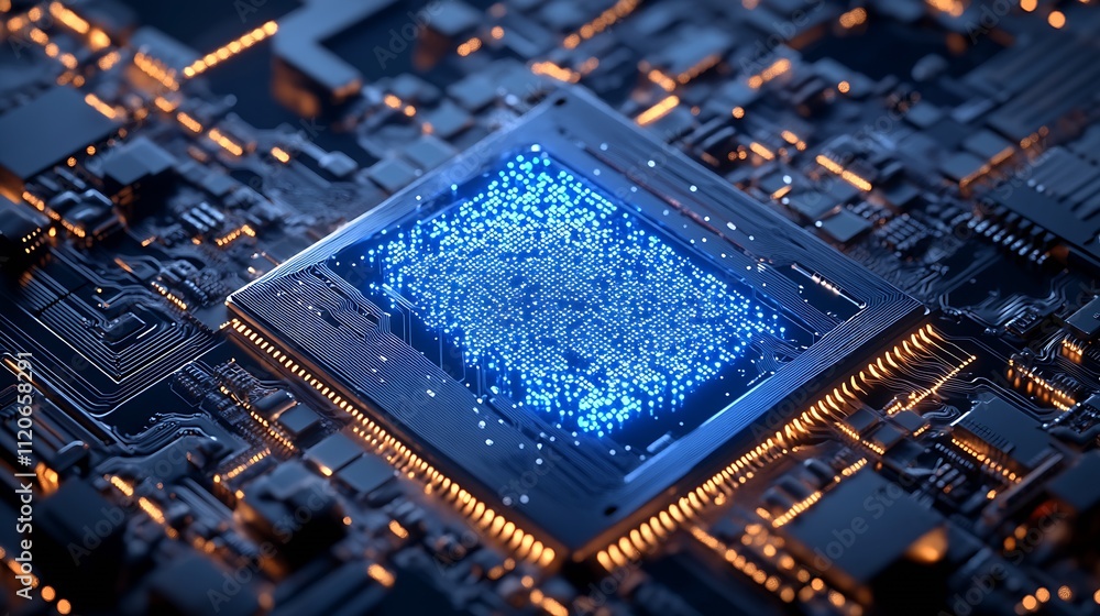 Poster Advanced Microprocessor with Blue Circuitry on Modern Circuit Board : Generative AI