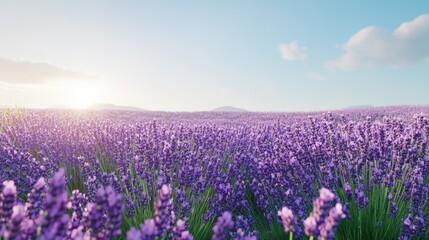 Fototapeta premium Blooming lavender field in peak season, under clear skies
