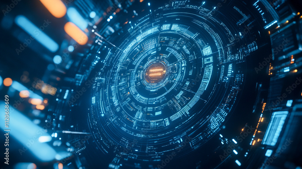 Poster futuristic digital interface with glowing blue and orange circular patterns