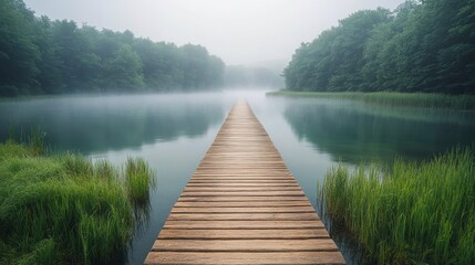 Obraz premium A serene wooden dock extending into a misty lake surrounded by lush greenery.