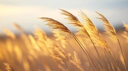 Golden Sunlit Tall Grass Swaying Gently in Morning Breeze : Generative AI