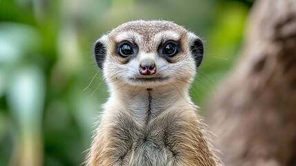 Fototapeta premium Alert Meerkat Standing in Lush Greenery with Bright Alert Eyes : Generative AI