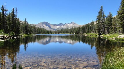 Fototapeta premium Majestic Mountain Lake with Crystal Clear Waters and Towering Pine Trees in Scenic Wilderness : Generative AI