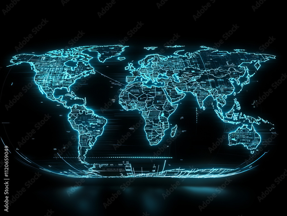 Poster sleek world map with digital enhancements showcasing global data
