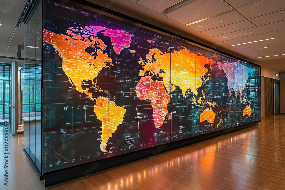 Poster vibrant world map with digital enhancements showcasing global data