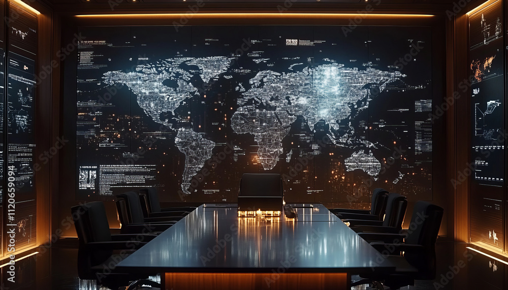 Poster modern conference room featuring world map with data overlays, creating tech savvy atmosphere