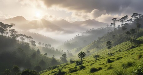 Fototapeta premium Misty morning in the Cocora Valley with fog rolling in , valley, mist