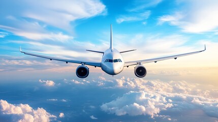 Obraz premium Commercial Airplane Flying Above Clouds in Clear Blue Sky : Generative AI