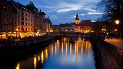 Fototapeta premium Historic European Cityscape at Dusk Alongside River with Reflective Water and Warm Lights : Generative AI