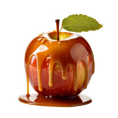 Apple with Caramel Dip and Leaf Garnish on White Background