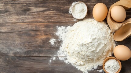 Assortment of Baking Ingredients with Flour and Eggs on Rustic Wooden Surface : Generative AI