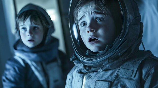 Young children in spacesuits expressing shock and awe in mysterious setting