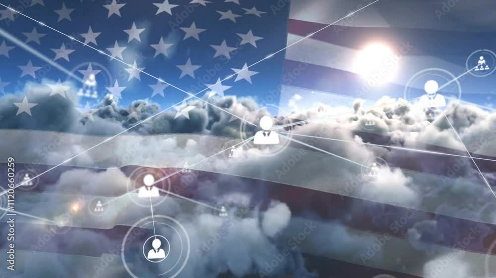 Poster american flag with network of connections animation over clouds in background
