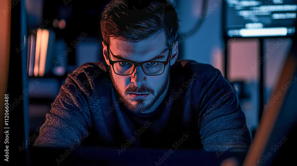 Poster focused caucasian young male programmer intensely coding in dimly lit room