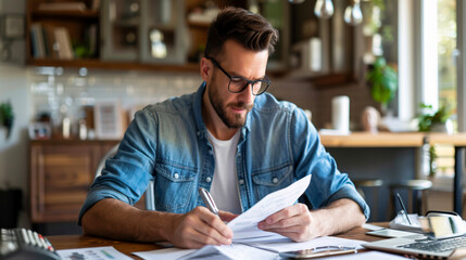 Man paying bills and jotting down notes.