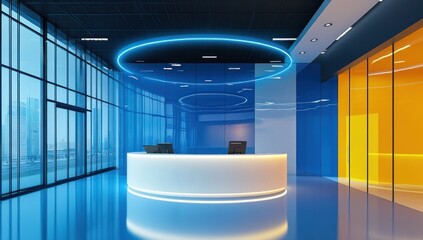 Modern office reception with blue and orange walls, circular desk, and neon lighting.