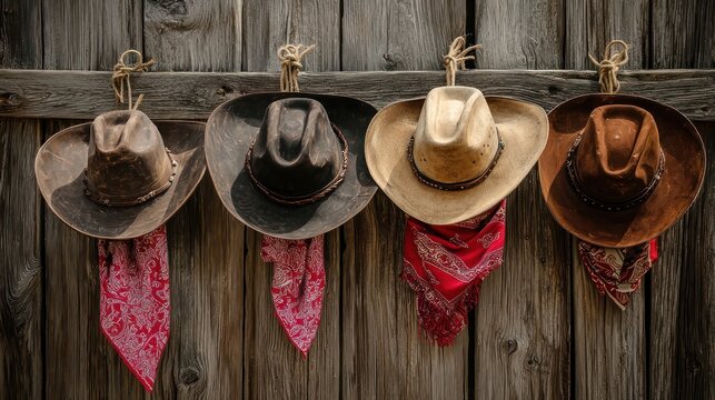 Cowboy hats and bandannas hanging on a rustic wooden fence for a Wild West theme