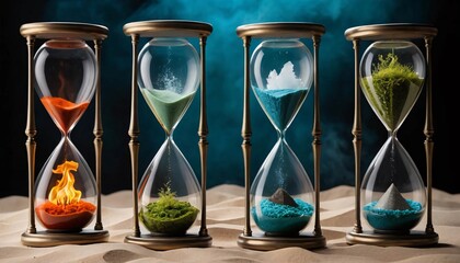 Fototapeta premium An extraordinary hourglass featuring the four classical elements—fire, water, earth, and air—each represented in vibrant, dynamic detail, blending harmoniously together.