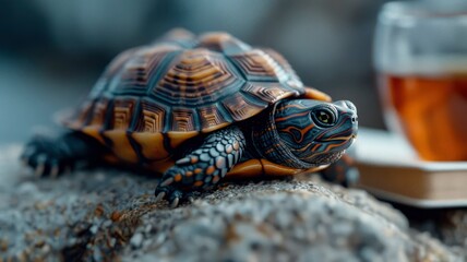 Obraz premium Eastern Box Turtle on Rock near Teacup - Close-Up