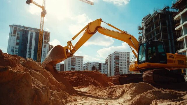 Construction site activity with excavator working on building project