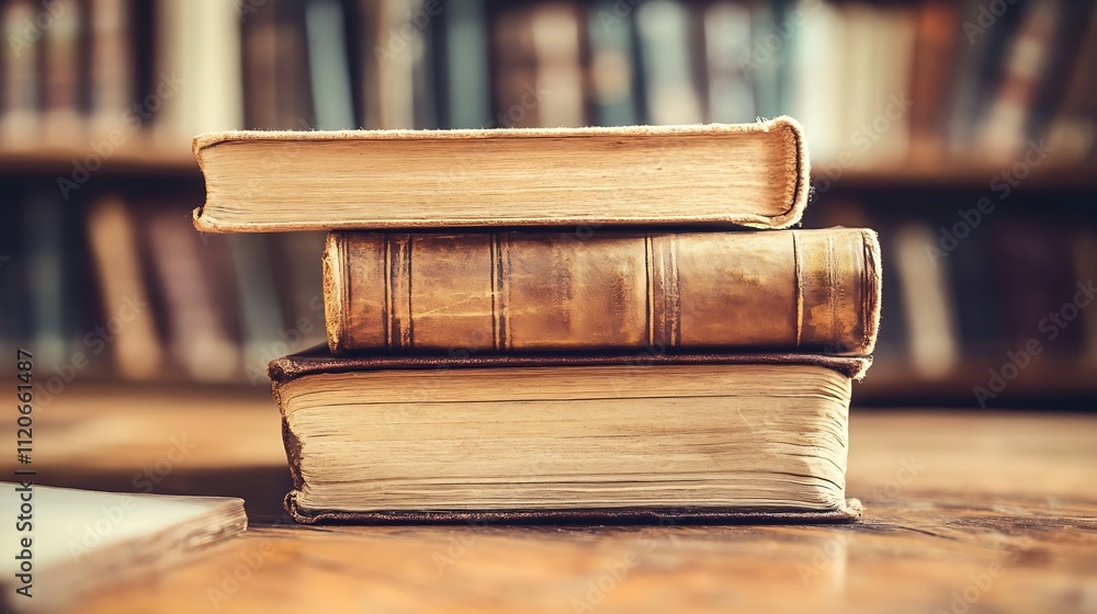 Poster vintage stack of worn classic books in cozy library setting : generative ai