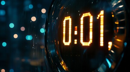Close-up of a countdown clock at "00:01," capturing the excitement of the first minute of the New Year