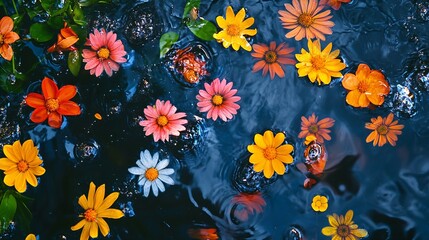 Obraz premium Bright Mixed Colored Flowers Floating on Water in a Natural Relaxing Pond Setting : Generative AI