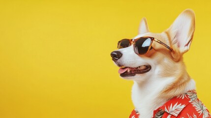 Corgi in Sunglasses and Hawaiian Shirt on Yellow Background