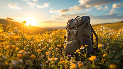Fototapeta premium Adventure backpack in a field of wildflowers at sunset, perfect for travel blogs, outdoor gear promotions, or inspiring wanderlust.