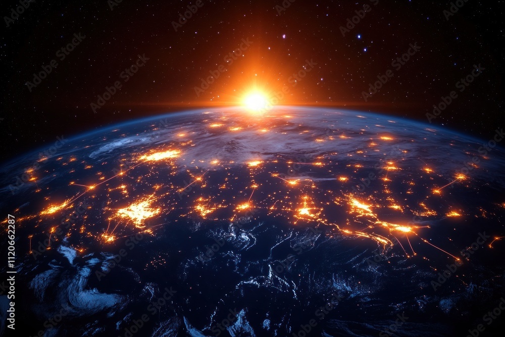 Poster futuristic earth global network connectivity digital art wide-angle view with starry background