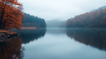 Fototapeta premium Tranquil Lake Landscape Wrapped in Autumn Hues with Misty Calm Reflections and Forest : Generative AI