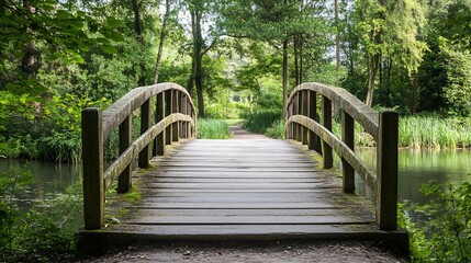 Obraz premium Wooden Footbridge Over a Serene Creek in a Green Lush Forest Under Sunlight : Generative AI