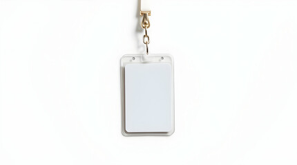 Fototapeta premium Mockup, Blank ID badge on a lanyard with a clean white background, ready for customization with logos and text. Generated by AI.