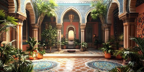 Obraz premium Colorful Moroccan riad with an open courtyard and ornate details