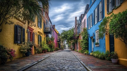 Fototapeta premium Colorful row houses along a cobblestone street, exuding European charm