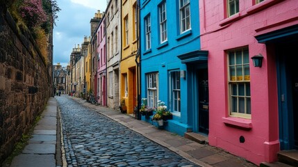 Fototapeta premium Colorful row houses along a cobblestone street, exuding European charm