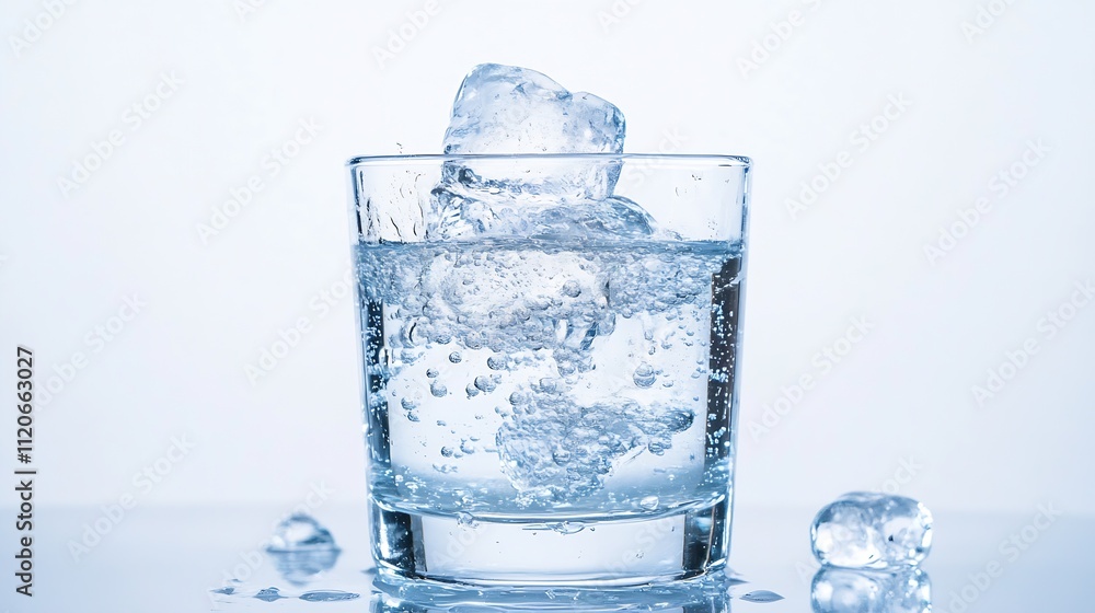 Aufkleber refreshing clear sparkling water in glass with ice cubes on white background : generative ai