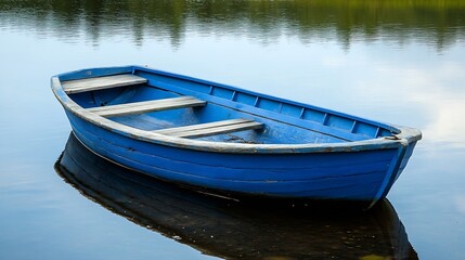 Obraz premium Peaceful Blue Rowboat on Tranquil Lake with Reflection of Trees and Sky : Generative AI
