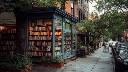Fototapeta premium Cozy bookstore on a quiet street corner, inviting passersby