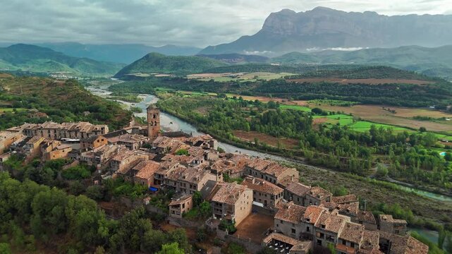 Aerial view of the old town of Ainsa in Huesca province, Spain