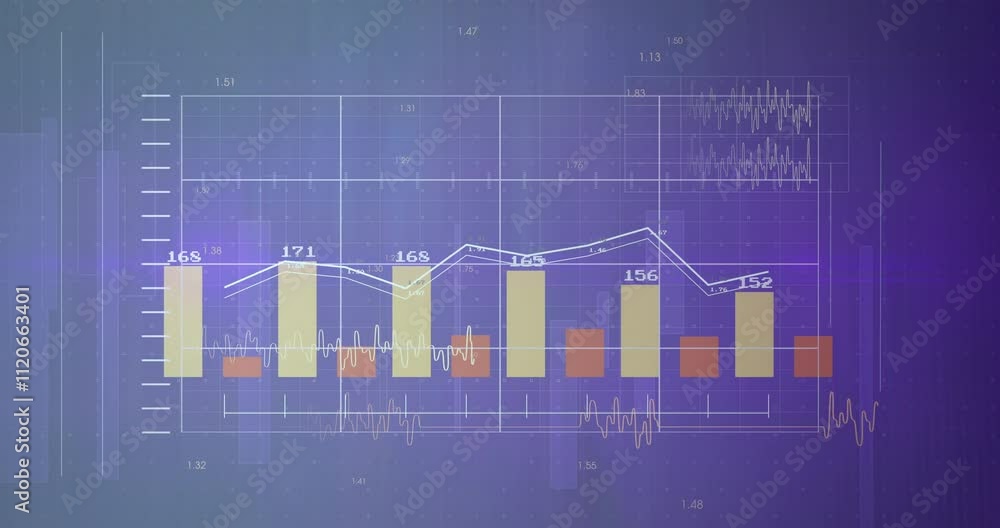 Poster bar and line graph data analysis animation over blue grid background