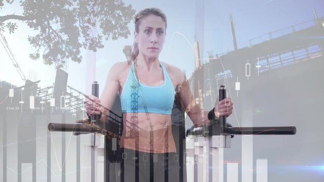 Stock market data animation over woman exercising on parallel bars outdoors