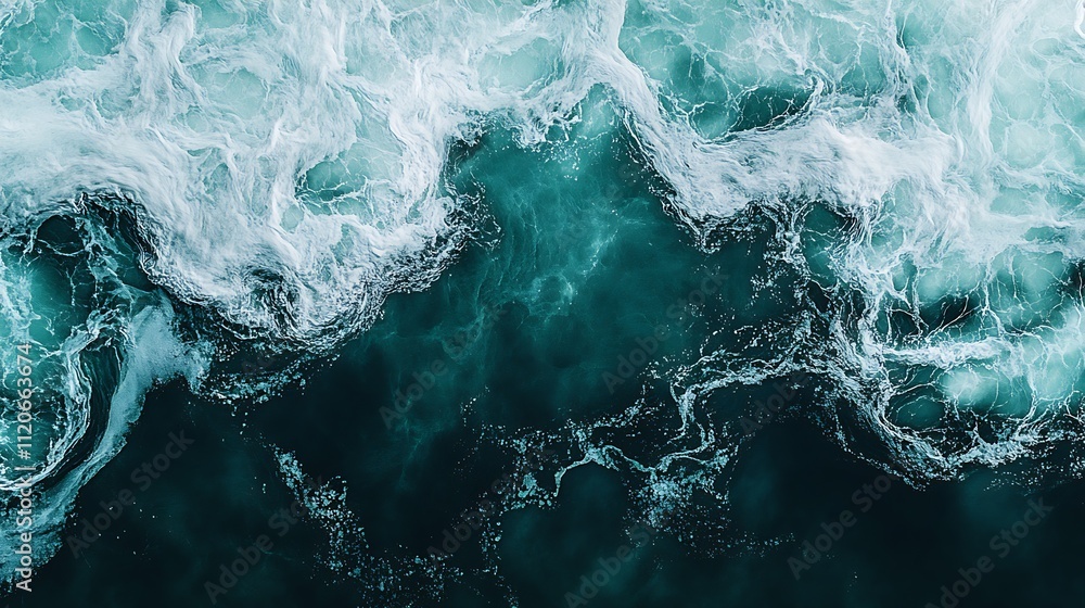 Poster serene deep blue ocean waves with intricate foamy white patterns captured from above : generative ai