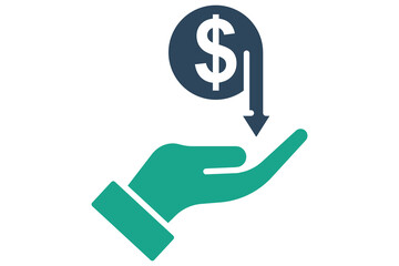 Cost saving icon. solid icon style. hand with dollar and down arrow. icon related to procurement. procurement management elements vector illustration