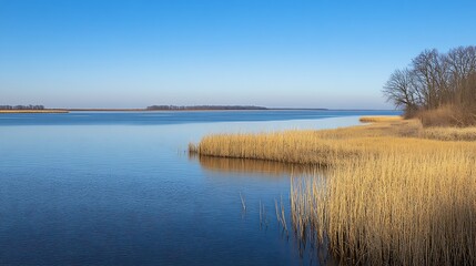 Obraz premium Tranquil Lakeside Scene Capturing Golden Reeds and Clear Blue Sky on a Bright Day : Generative AI