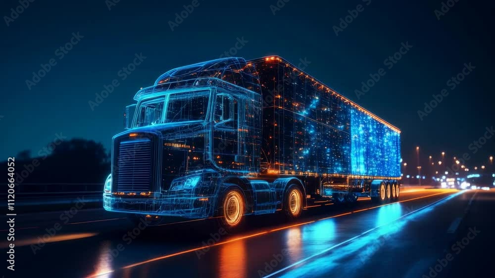 Poster digital truck cruising on a highway at night with illuminated patterns and advanced technology
