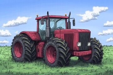 Obraz premium Farming actionred tractor in green field digital artwork rural environment bright sky agricultural concept