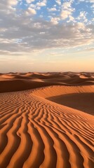Desert sand dunes with soft curves and shadows at sunset