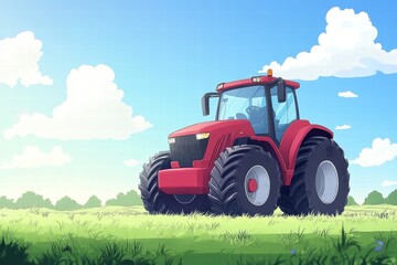 Obraz premium Tractor working on a sunny farm rural landscape digital art bright environment low angle agricultural concept