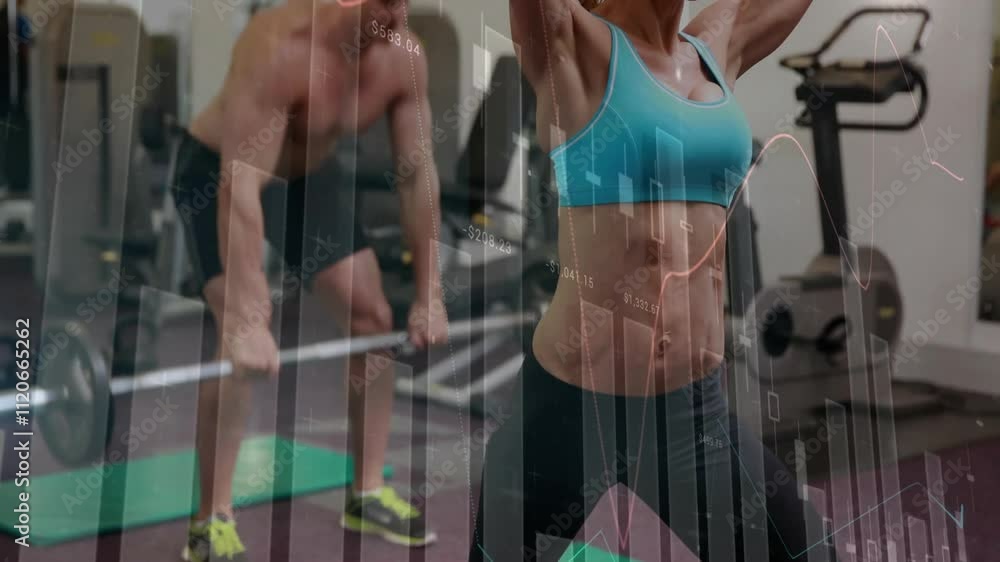 Poster fitness data and performance metrics animation over people exercising in gym